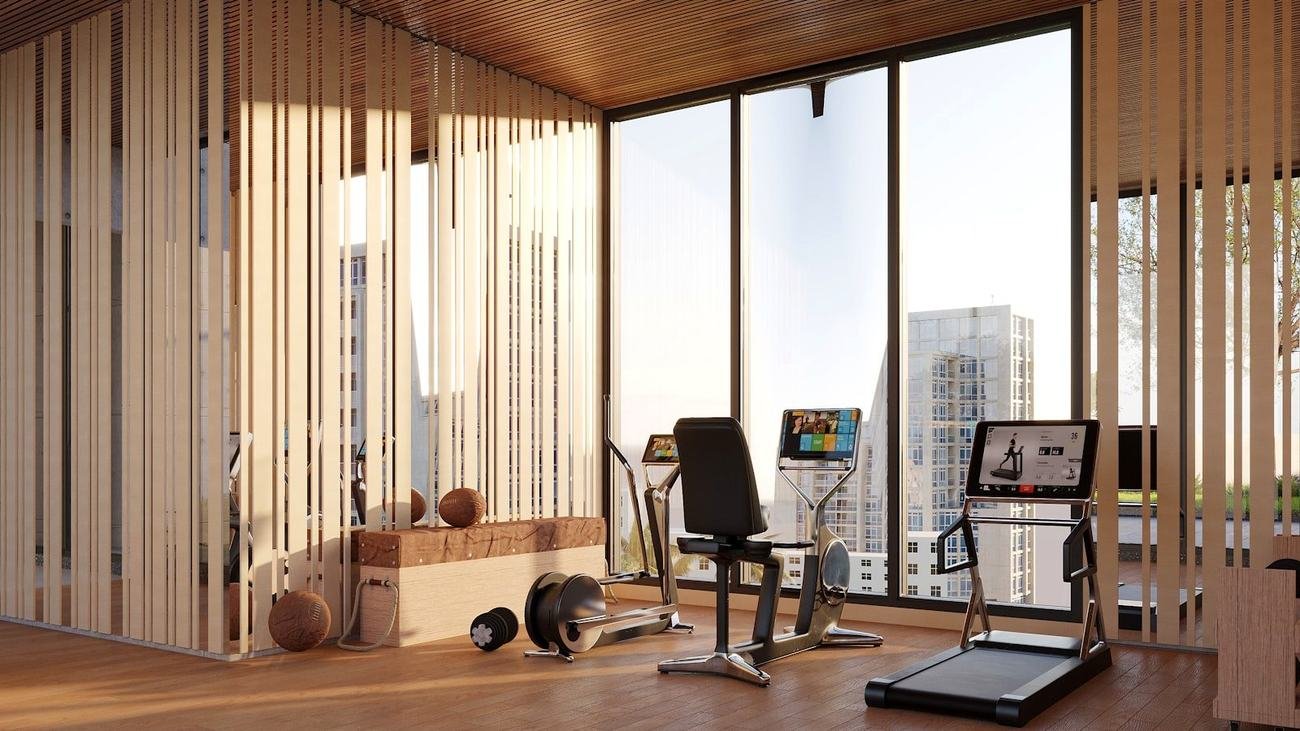 Modern residents' gymnasium with city outlook